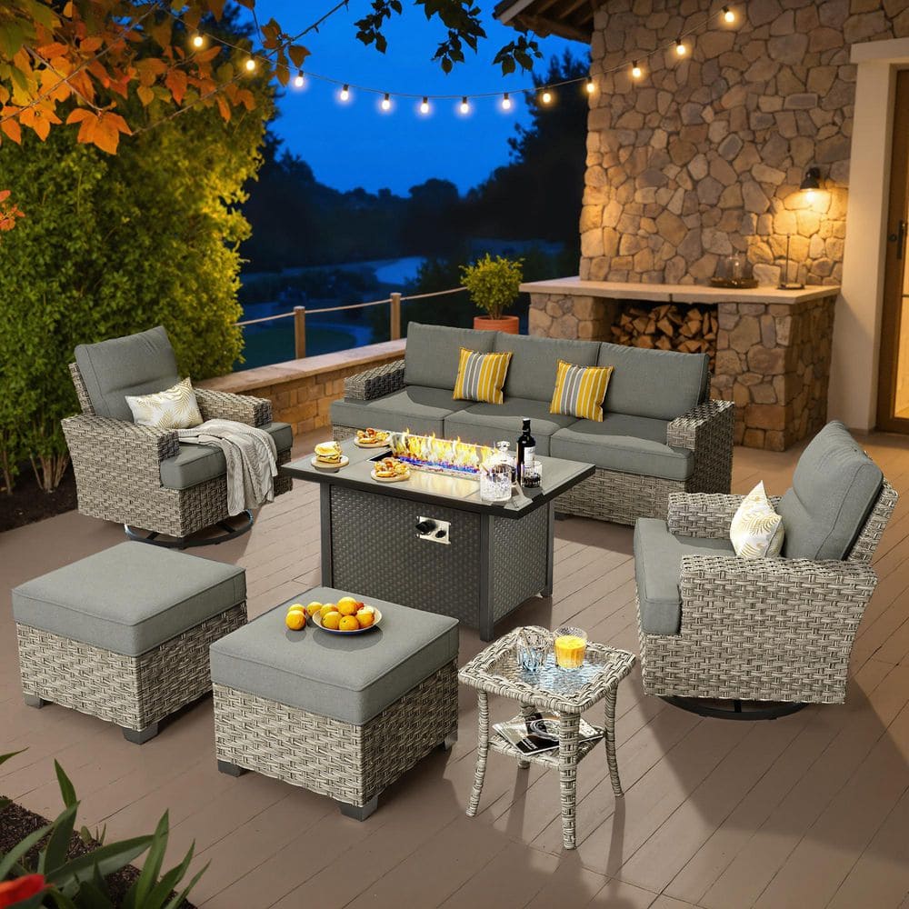Verve 9-Piece Wicker Rectangular Fire Pit Sets and Swivel Rocking Chairs with Dark Grey Cushion price history on PriceWatchPro
