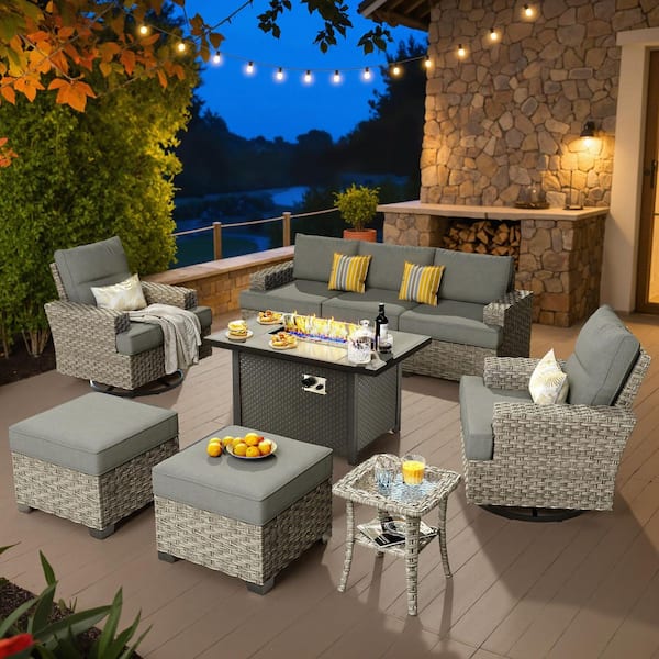 XIZZI Verve 9-Piece Wicker Rectangular Fire Pit Sets and Swivel Rocking Chairs with Dark Grey Cushion