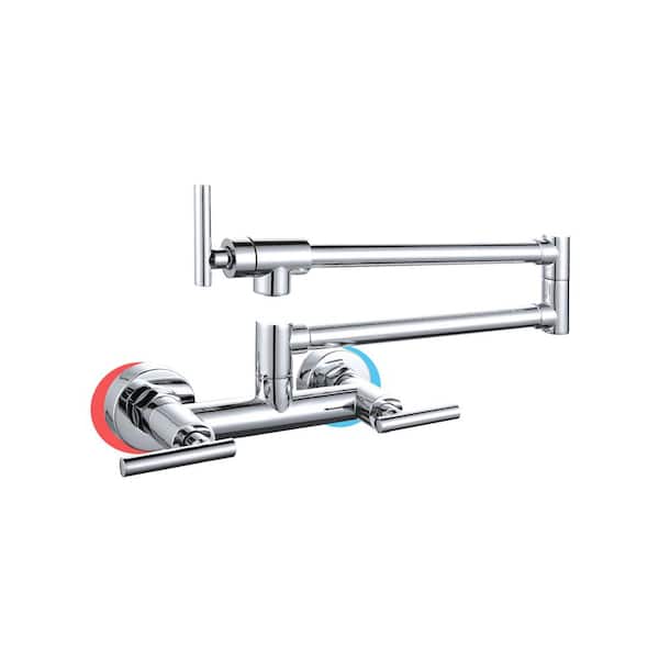 AVITAS Wall Mount 2-Hole Pot Filler with Hot and Cold Control and Folding Stretchable 3-Handle in Chrome