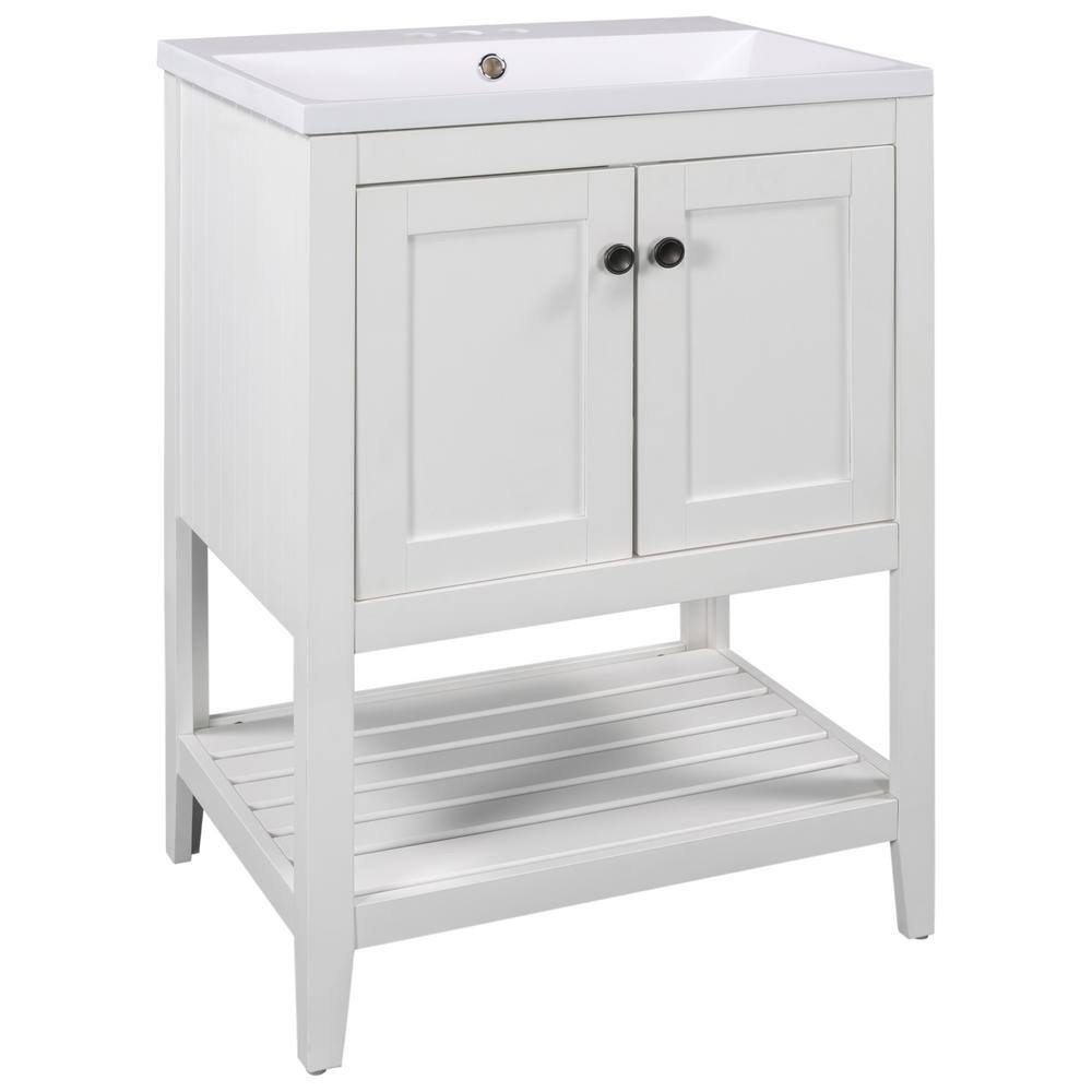 FAMYYT 24 in. W x 17.8 in. D x 33.6 in. H Single Sink Solid Wood Frame Freestanding Bath Vanity in White with White Ceramic Top -  XJ-1AWH-L