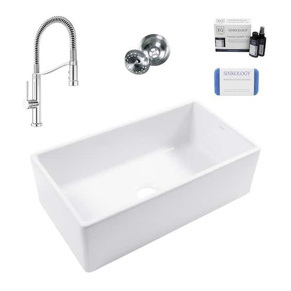 SINKOLOGY Bradstreet II 33 in. Farmhouse Apron Undermount Single Bowl White Fireclay Kitchen Sink with Bruton Chrome Faucet Kit