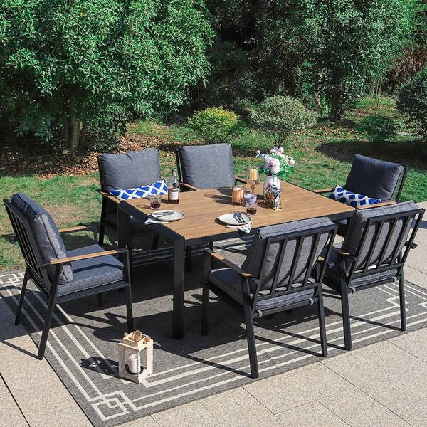 HAPPATIO Brown 7 Piece Metal Patio Outdoor Dining Set HPO CZ7 ZZ WH4