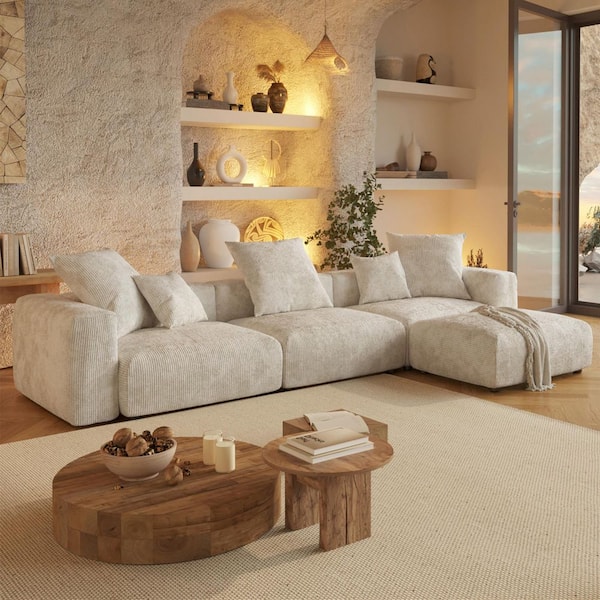 Modern 142 in. Square Arm Corduroy Modular Oversized Floor Sofa Grand Couch with Ottoman and Removable Covers in Beige