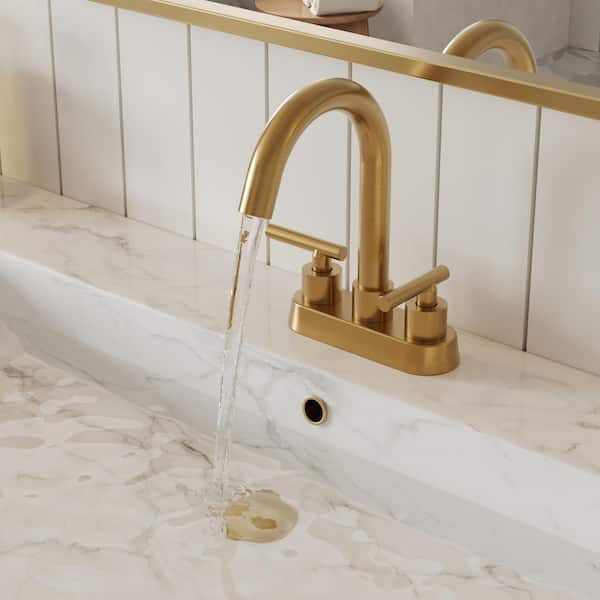 4 in. Centerset Double Handle High Arc Bathroom Faucet with 360° Swivel, Pop-Up Drain in Brushed Gold (Valve Included)