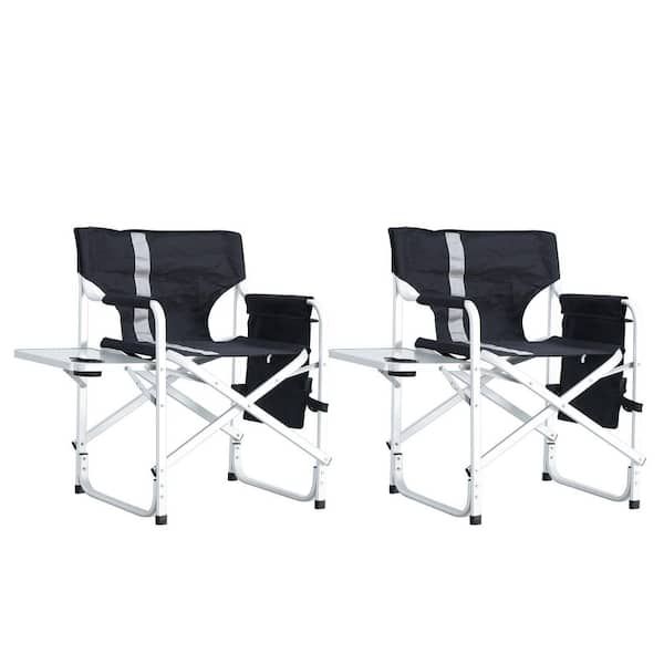 WTVWTV 2-Set Aluminum Outdoor Black Folding Camping Chair. Attached Side Table and Storage Pockets Convenient and Portable