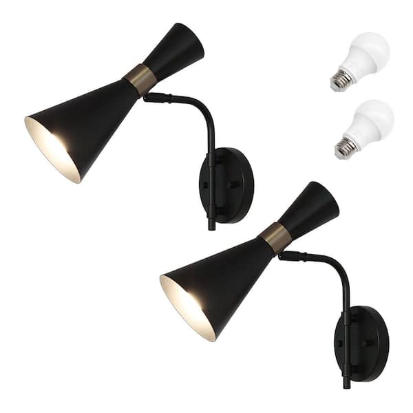 11 in. 1-Light Black Swivel Arm Wall Sconce with Metal Shade, Industrial Wall Mount Lamp for Bedroom Hallway (2-Pack)