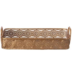 Metal Gold Rectangular Serving Tray with Oval Design and Handles, Large 13 in. W x 13 in. D x 20 in. H