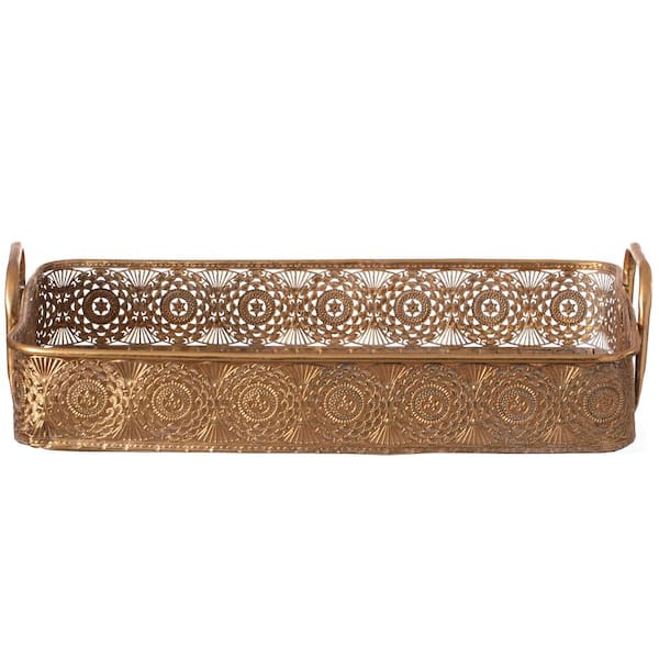 Vintiquewise Metal Gold Rectangular Serving Tray with Oval Design and Handles, Large 13 in. W x 13 in. D x 20 in. H