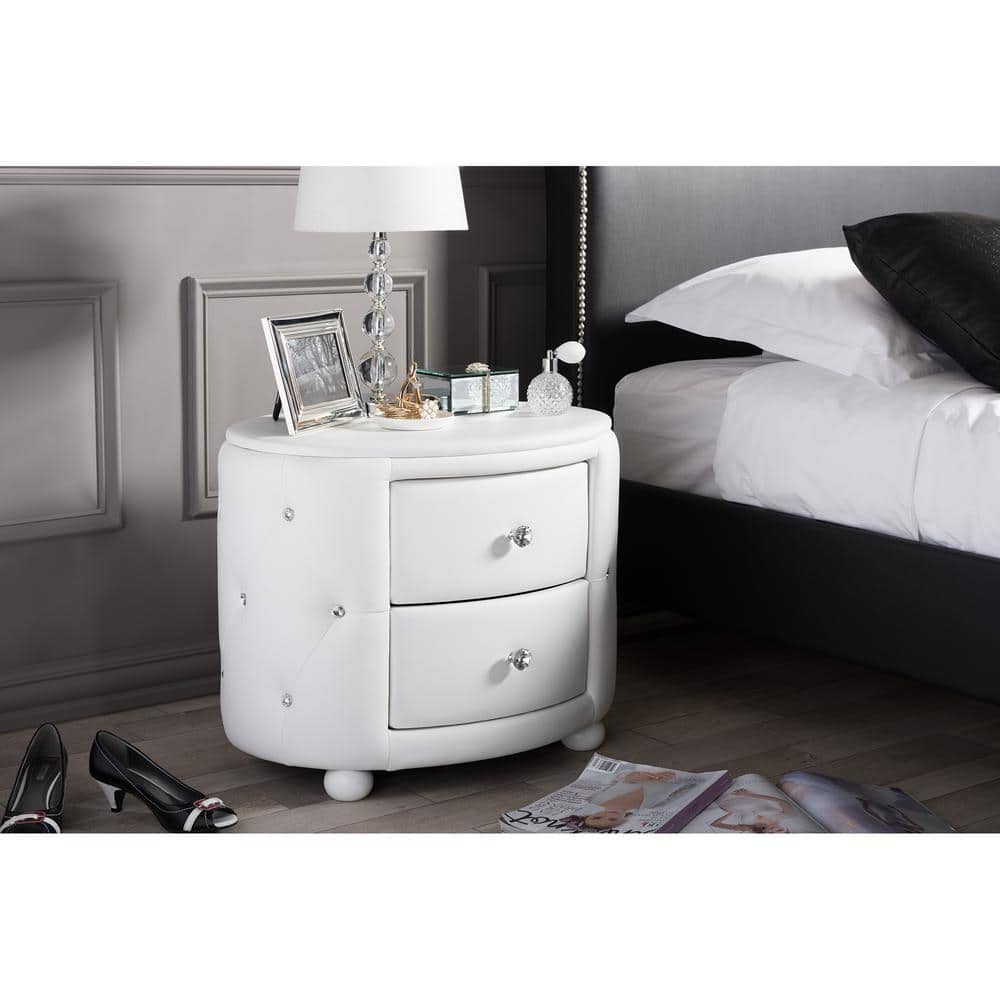 Davina Oval White Faux Leather Glamour Nightstand with Crystal Accents