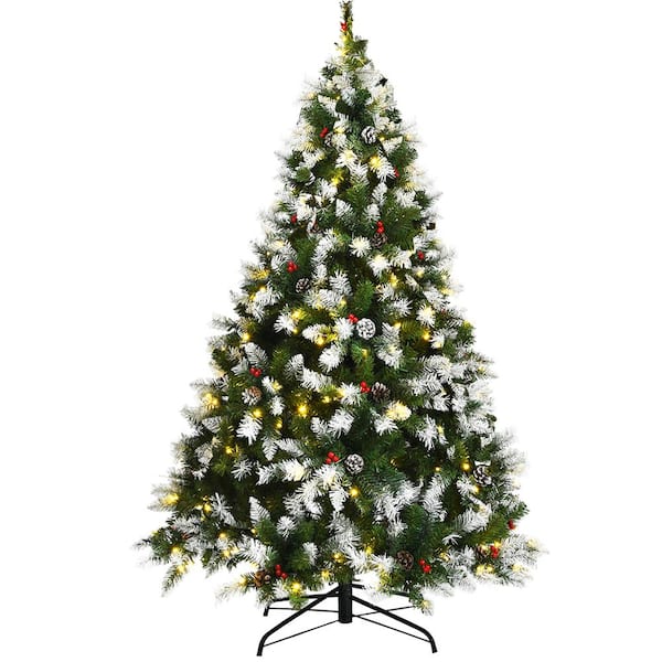 Gymax 6 ft. Pre-Lit Snow Sprayed Artificial Christmas Tree Xmas Tree with LED Lights