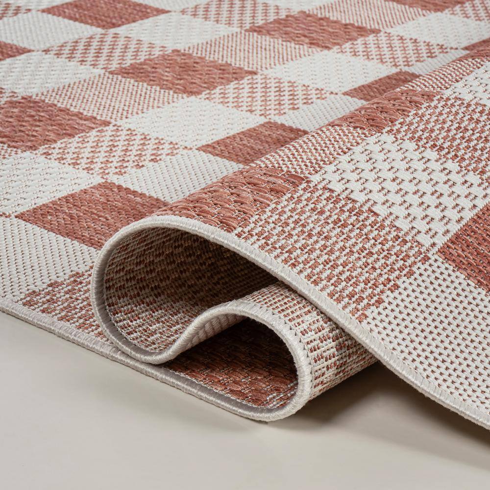 Darcy Salmon and Cream Geometric Gingham 2 x 8 Runner Rug
