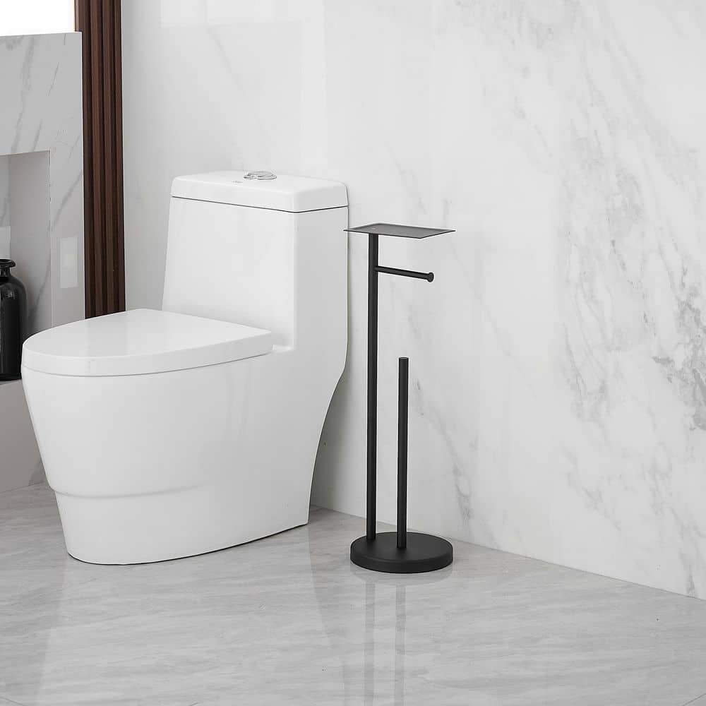 Matte Black Freestanding Stainless Steel Toilet Paper Holder with Storage Shelf
