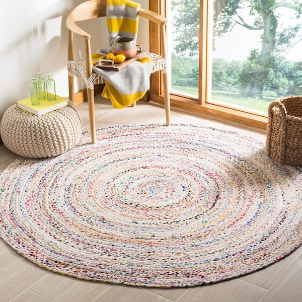 Braided Ivory/Multi Doormat 3 ft. x 3 ft. Round Border Area Rug