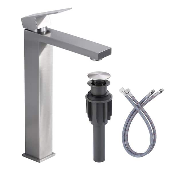 WOWOW Single Handle Single Hole High Arc Bathroom Faucet with Supply Line Included in Brushed Nickel