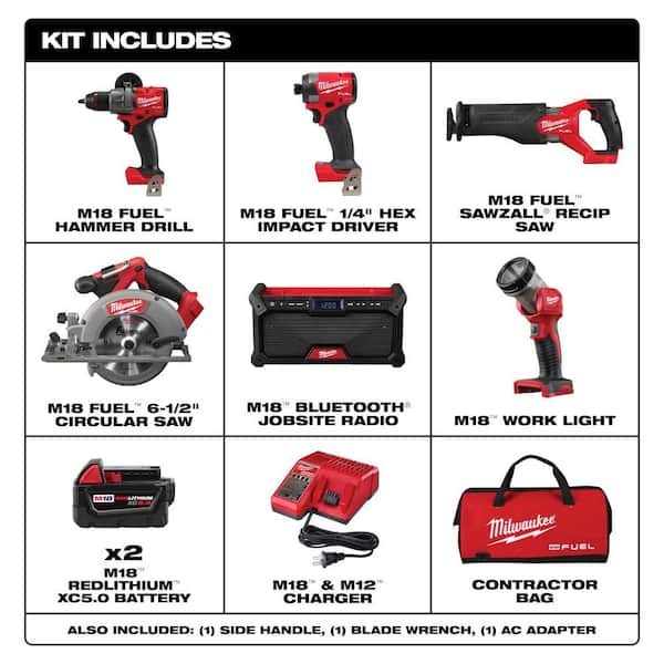 M18 FUEL 18V Lith-Ion Brushless Cordless Combo Kit (5-Tool) w/ Two 5.0 Ah Batteries, 1 Charger, and M18 Radio