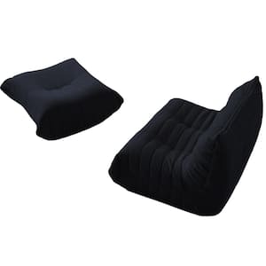 2-Piece Bean Bag Teddy Velvet Top Thick Seat Anti-Skip Living Room Lazy Sofa in Black (2 Seater + Ottoman)