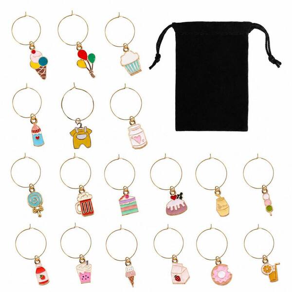 Zinc Alloy Residential Baby Shower Wine Glass Charms Set of 18 Gold Plated Enamel Markers for Stemmed Glasses