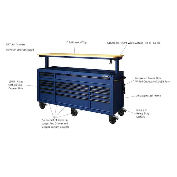 72 in. W x 24 in. D Heavy Duty 18-Drawer Adjustable Height Mobile Workbench with Solid Wood Top in Matte Blue