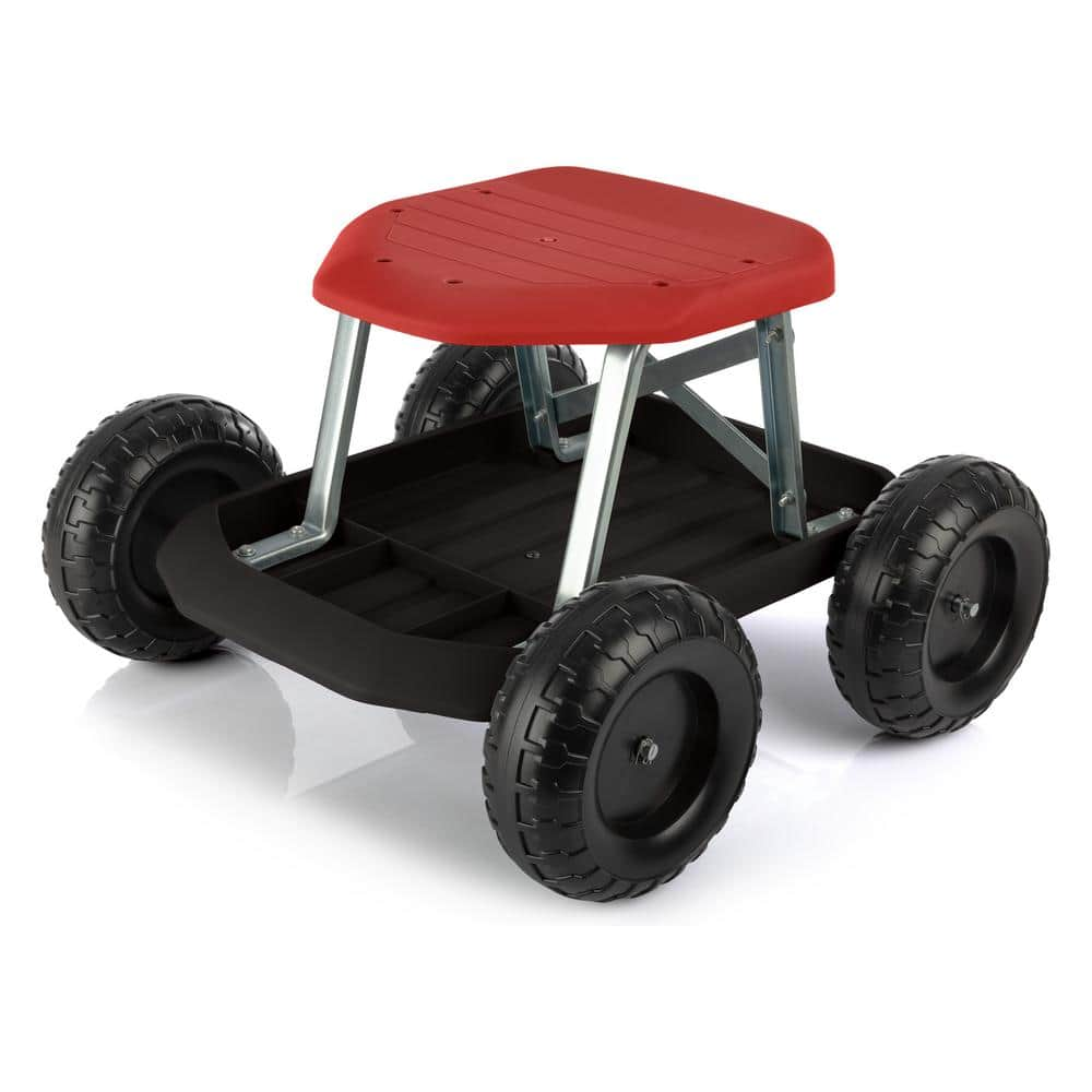 Pure Garden 2.42 cu. ft. Red and Black Plastic Gardening Stool-Rolling Garden Seat with Wheels and Storage Tool Tray-Garden Cart