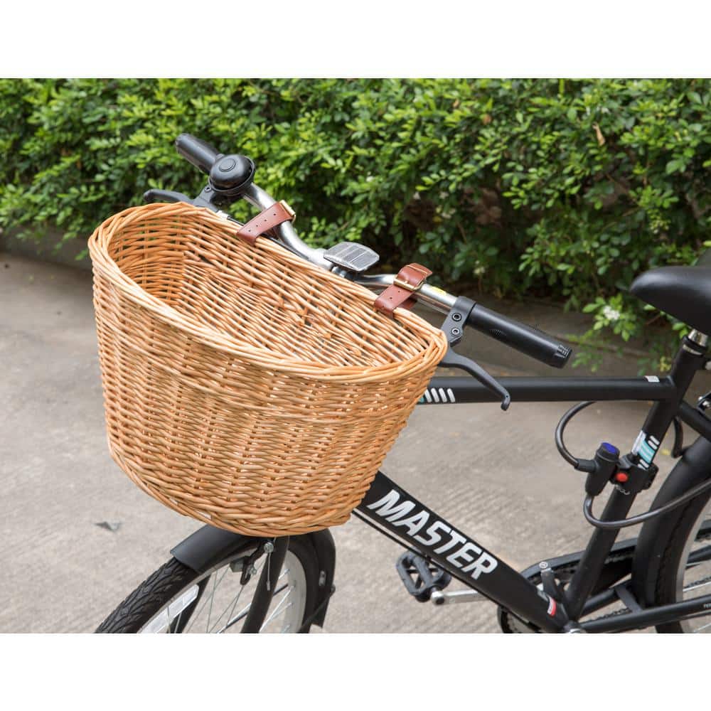 Brown Wicker Front Bike Basket with Faux Leather Straps