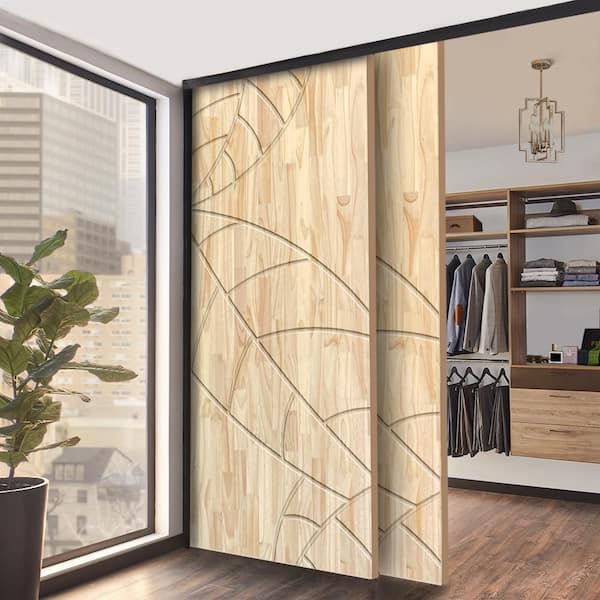 CALHOME 48 in. x 80 in. Hollow Core Natural Solid Wood Finished Interior Double Sliding Closet Doors, Natural Wood