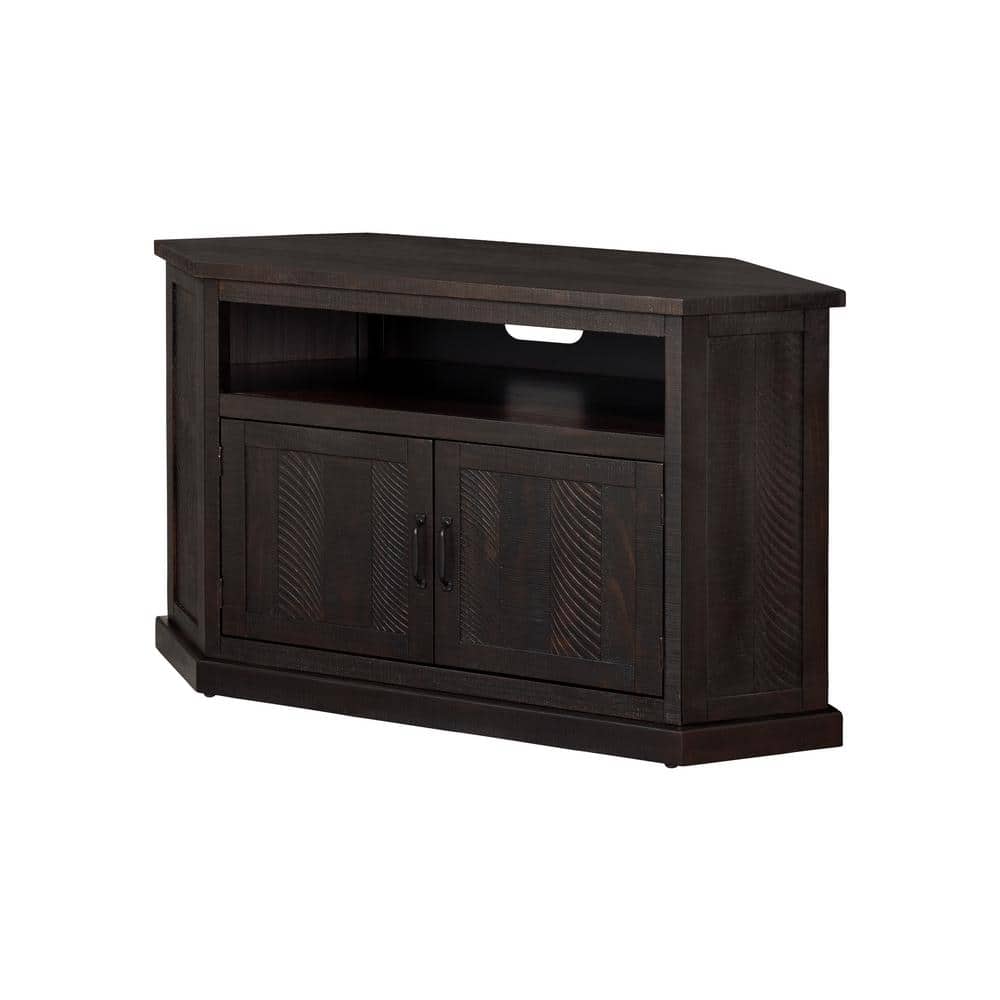 Espresso Rustic Solid Pine Corner TV Stand with Cabinet