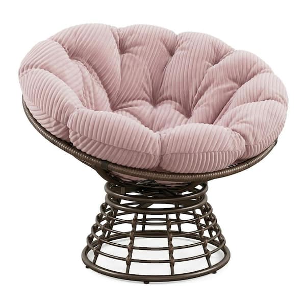 Brown Wicker Outdoor Lounge Chair 360° Swivel with Pink Corduroy Cushion for Patio, Garden, Backyard