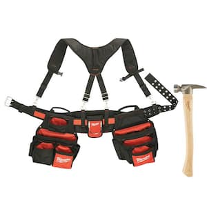 General Contractor Work Waist Tool Belt with Suspension Rig and 19 oz. Milled Face Hickory Hammer