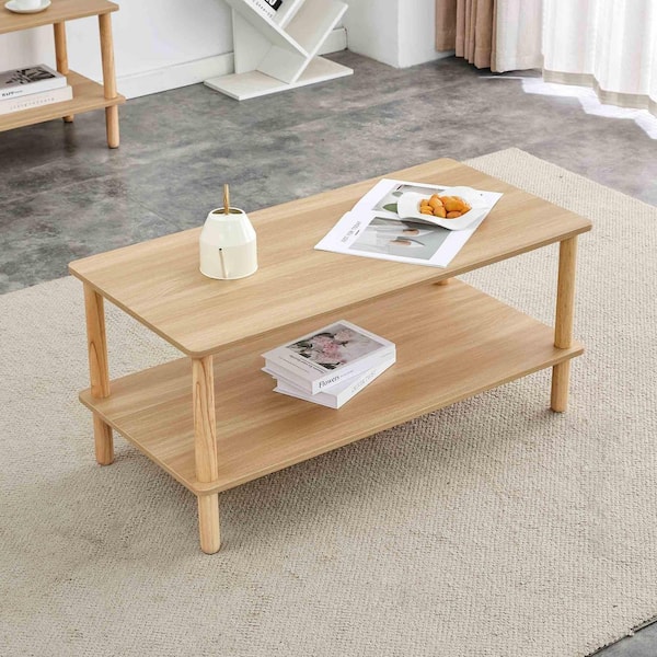 39.3 in. Burly Wood Round MDF Coffee Table with Storage and Shelves