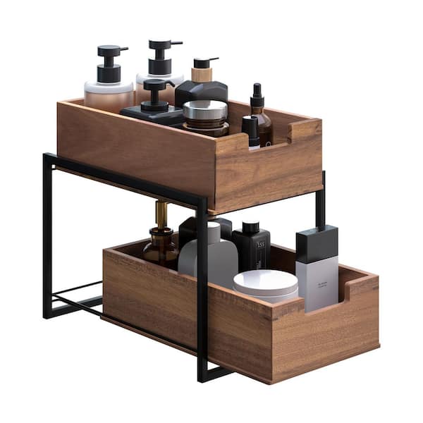 Acacia Wood 2-Tier Sliding Kitchen Pantry Storage Organization Baskets