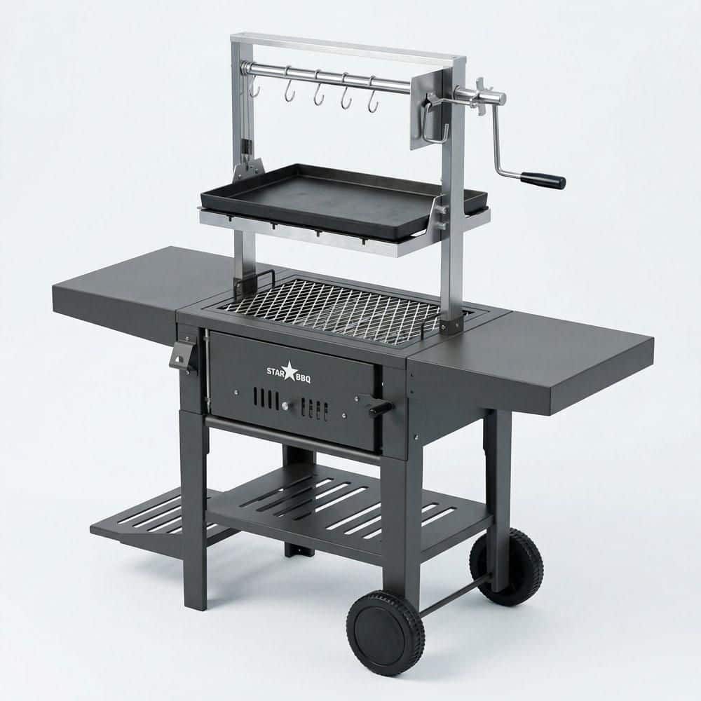 24 in. Portable Charcoal Grill Base w/Santa Maria Rim in Black and Griddle Insert and ExGrate Cooking Grate on BBQ Cart