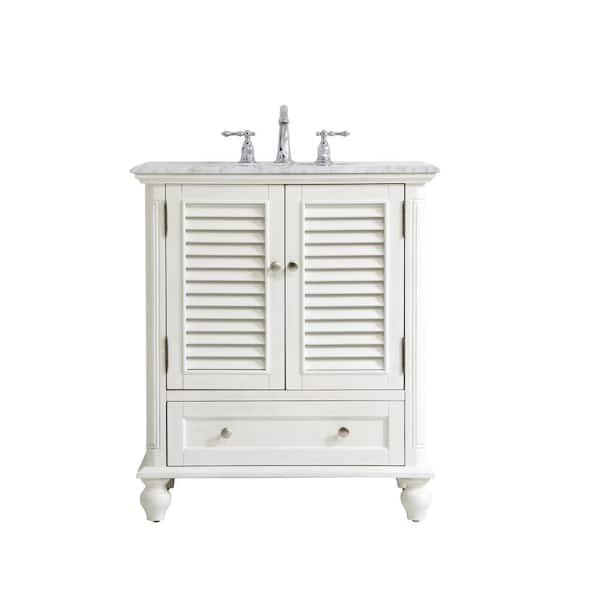 Unbranded Simply Living 30 in. Single Bathroom Vanity in Antique White with Marble Vanity Top in Carrara White