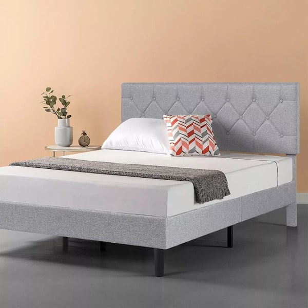 VECELO Upholstered Bed, Platform Bed with Adjustable Headboard, Wood Slat Support, No Box Spring Needed, Gray Queen Bed Frame