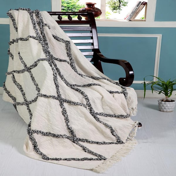 Unbranded Norah Soft Crossed 50 in. x 60 in. Black/White All Natural Cotton Decorative Throw Blanket