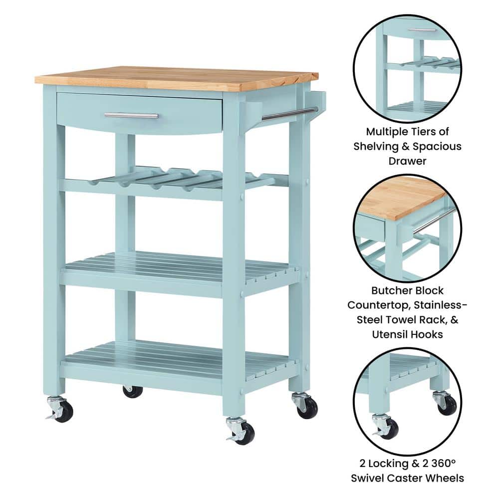 Sea Foam Blue Wood Butcher Block Kitchen Cart with Wine Rack