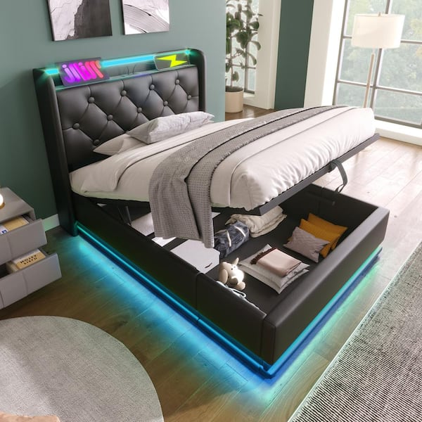 Harper & Bright Designs Black Wood and Metal Frame Upholstered PU Twin Platform Bed with Hydraulic Storage, USB Charging and 360° LED Light