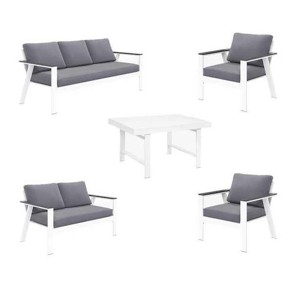 Sudzendf 5 Pieces Patio Furniture Lounge Sofa Couch Set with Gray Cushions