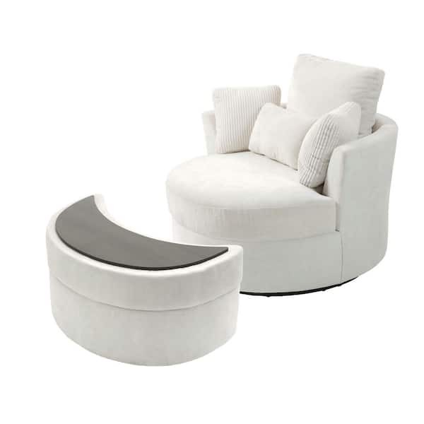 Beige Cotton Upholstered 360° Swivel Accent Barrel Chair with Storage Ottoman and Corduroy Pillows (Set of 1)