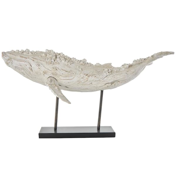Litton Lane Cream Polystone Textured Whale Sculpture with Brown Distressing and Black Metal Stand