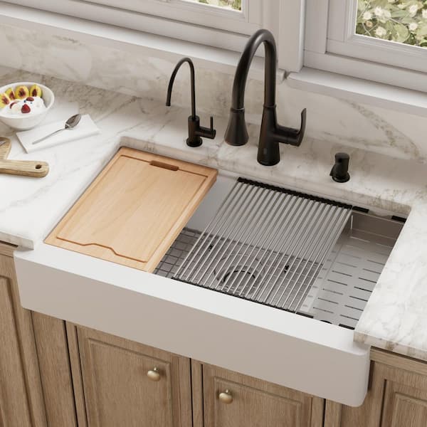 Quartz 34 in. Single Bowl Retrofit Farmhouse Apron Front Workstation Kitchen Sink in White