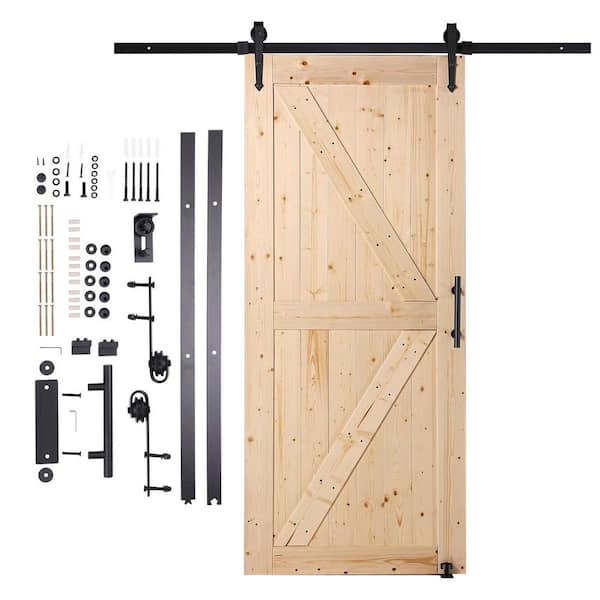 Barn Door and Hardware Kit, 36 in. x 84 in. Decorative Glass, Wood Sliding Barn Door with Hardware Kit, Smoothly Black