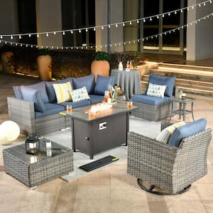 Sanibel Gray 8-Piece Wicker Outdoor Patio Conversation Sofa Sectional Set with a Metal Fire Pit and Denim Blue Cushions