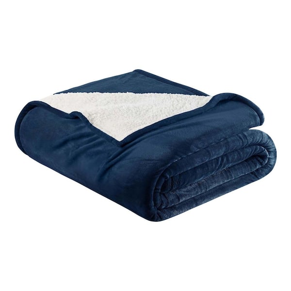 Velvet Plush Reversible Sherpa Blanket, Navy, Full/Queen