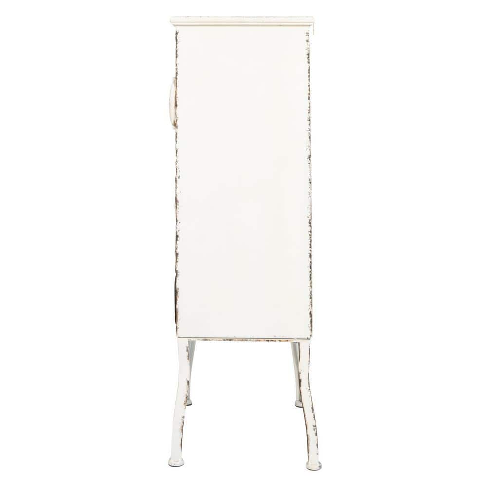 Distressed White Metal Cabinet with 3 Drawers and Open Shelf