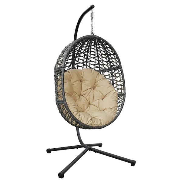 Zeus & Ruta 37 in. Width x 78 in. Height Brown Wicker Porch Swing Egg Chair with Stand and Khaki Cushion for Garden