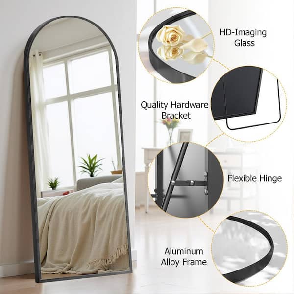 64 in. x 21 in. Full Length Arched Top Wall Mount Bathroom Vanity Mirror with Stand Aluminum Alloy Thin Frame in Black
