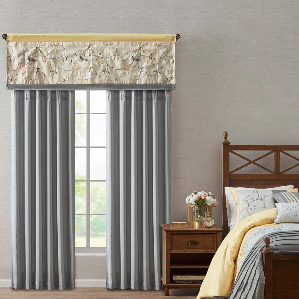 Yellow Floral Embroidered Rod Pocket Window Valance