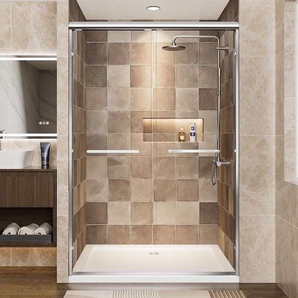 Vitrina 48 in. W x 72 in. H Sliding Frame Shower Door in Chrome Finish with Clear Tempered Glass with Handles