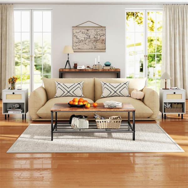 1-Piece White 1 Drawer 16 in. W Rattan Nightstand Boho End Table with Drawer and Open Shelf for Living Room