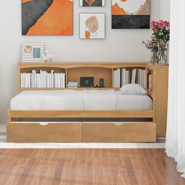 Polibi Wood Twin Size Daybed with Two Storage Drawers, Storage Cabinets and USB Ports